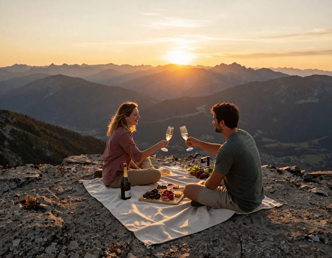 Plan a gourmet summit picnic panoramic mountain peak couple enjoying champagne picnic