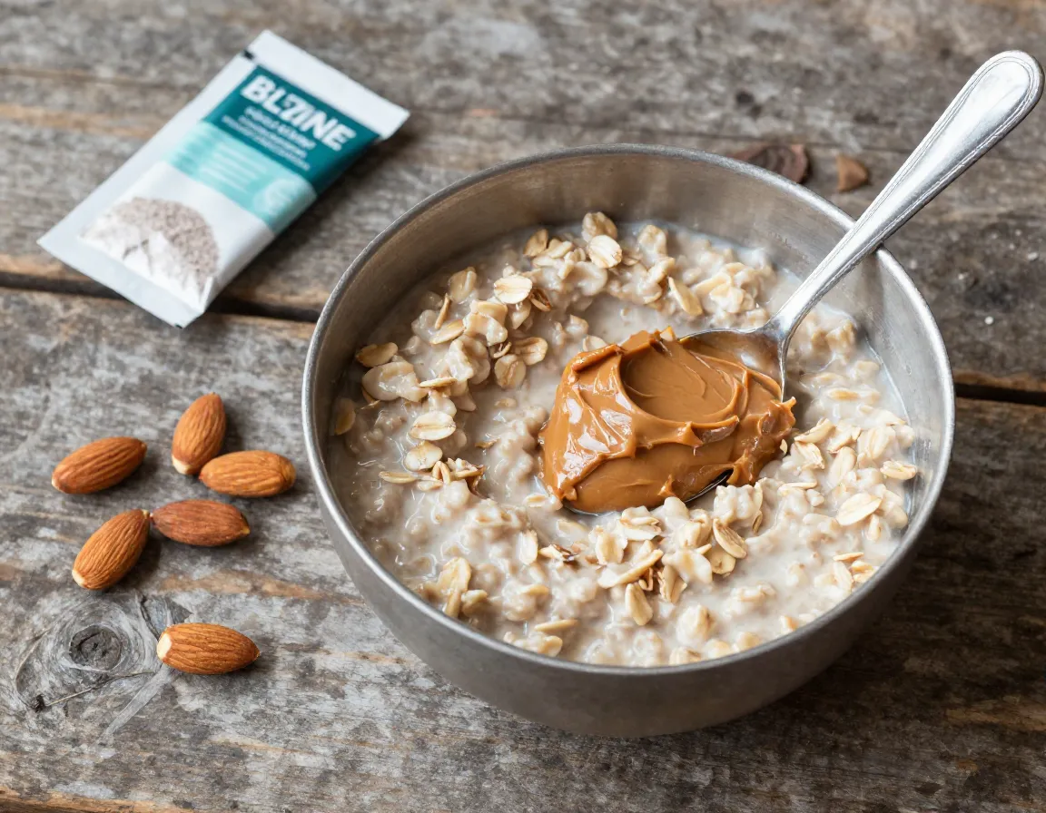 Whole grain cereal bowl with nut butter on alpine camp table