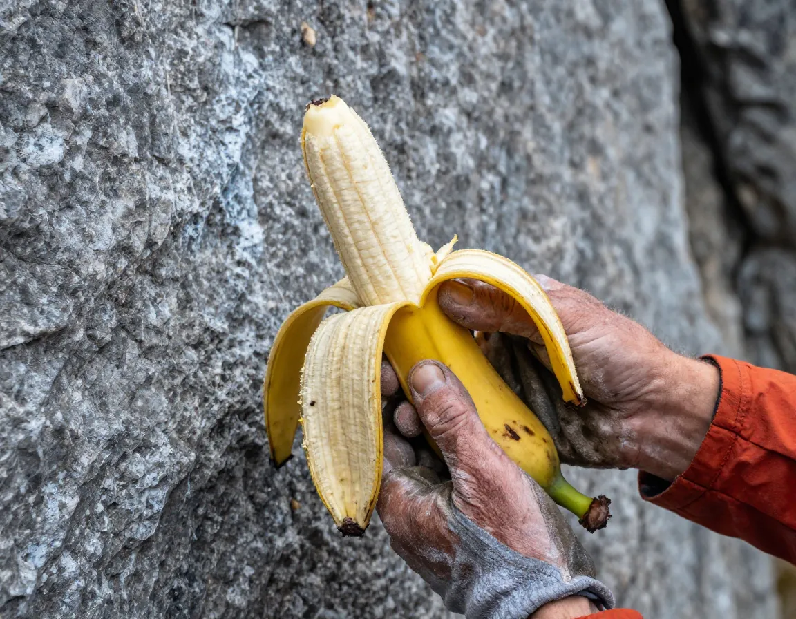Bruised banana held by climber with cold hands on rock face