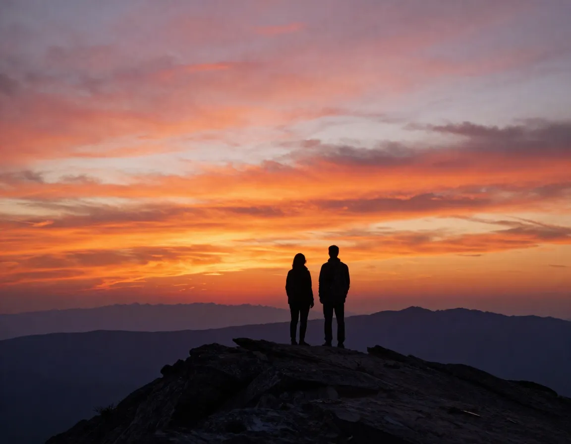 Choose a sunrise or sunset hike couple silhouetted against dramatic colorful sky on ridge