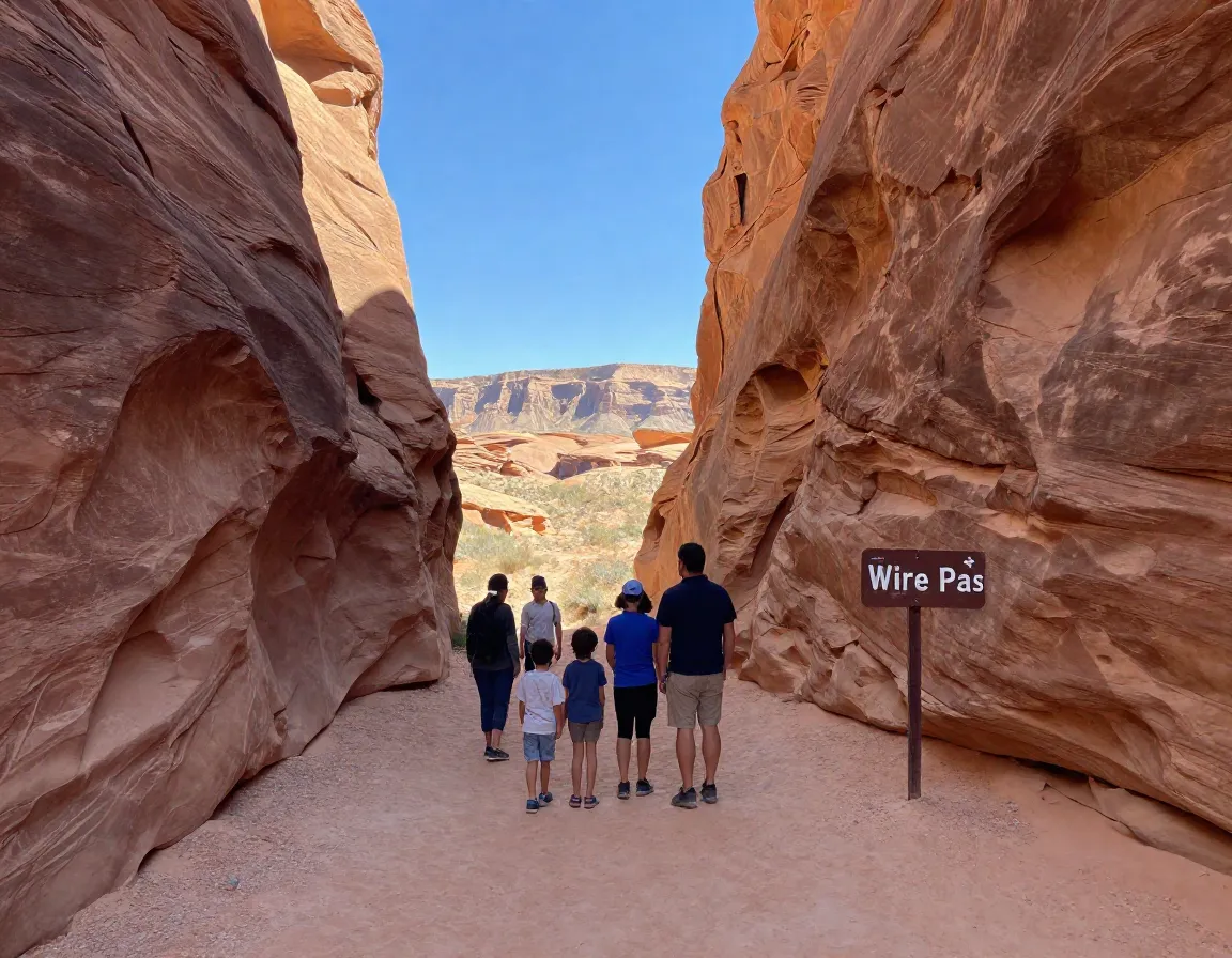Family enters slot canyon via wire pass trailhead with distant desert backdrop