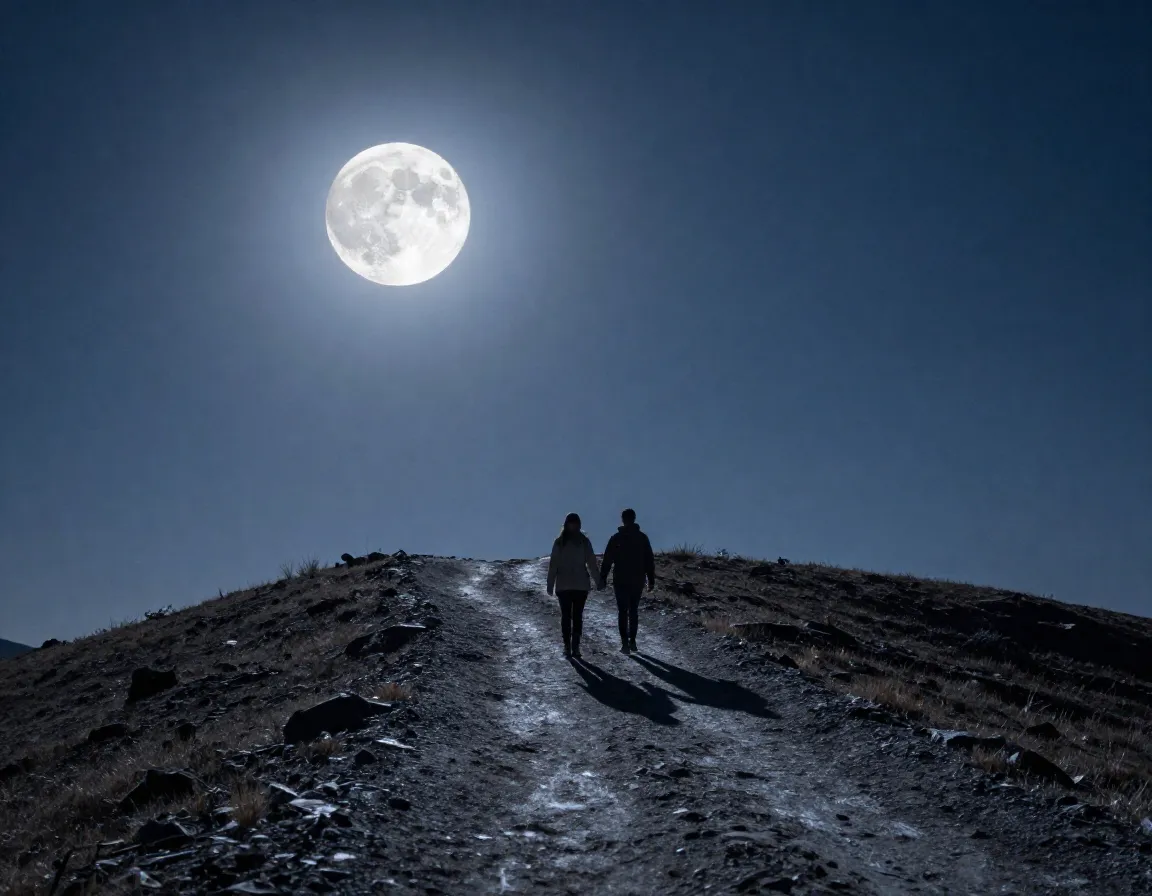 Try a moonlight hike during a full moon couple walking on open ridge under full moon