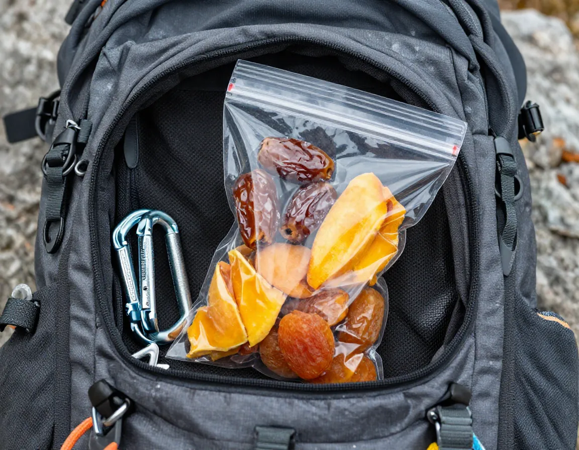 Zip lock bag of dates and dried fruit in climbers pack