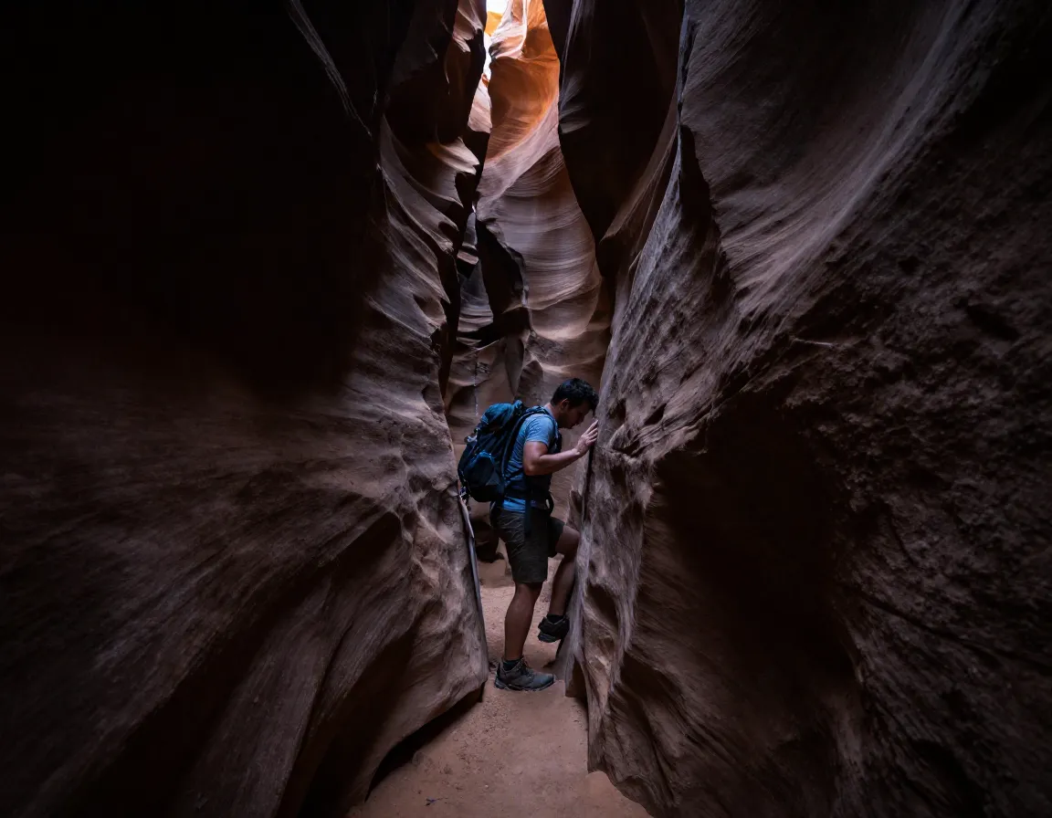 Hiker squeezes through extremely narrow passage in dark spooky slot canyon