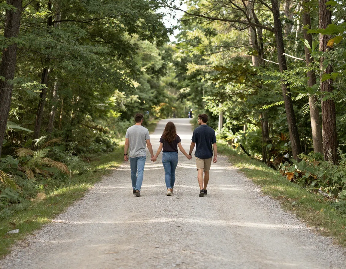 Walk a wide trail that encourages hand holding couple holding hands on wide smooth forest path