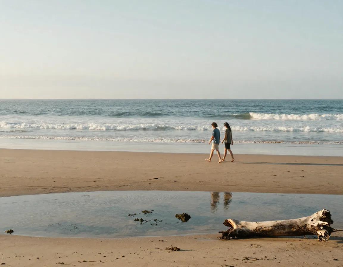 Explore a beach walk for a low pressure date couple walking on sandy beach with tide pools