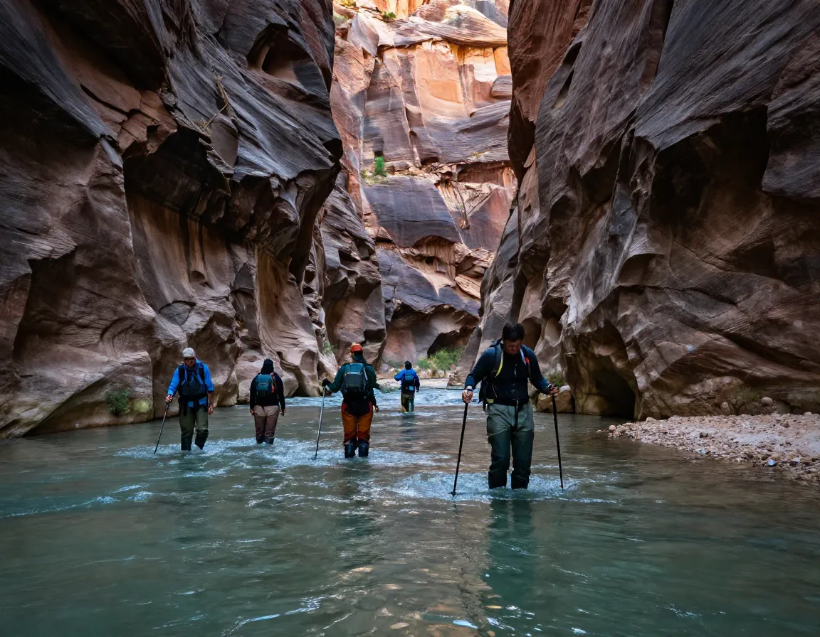 Hikers wade through the virgin river in the narrows of zion national park