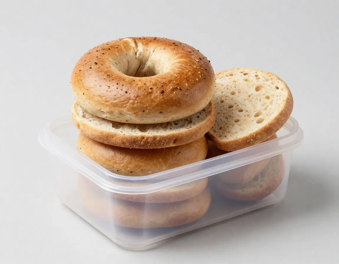 Whole wheat bagel and pita bread stacked in durable food box