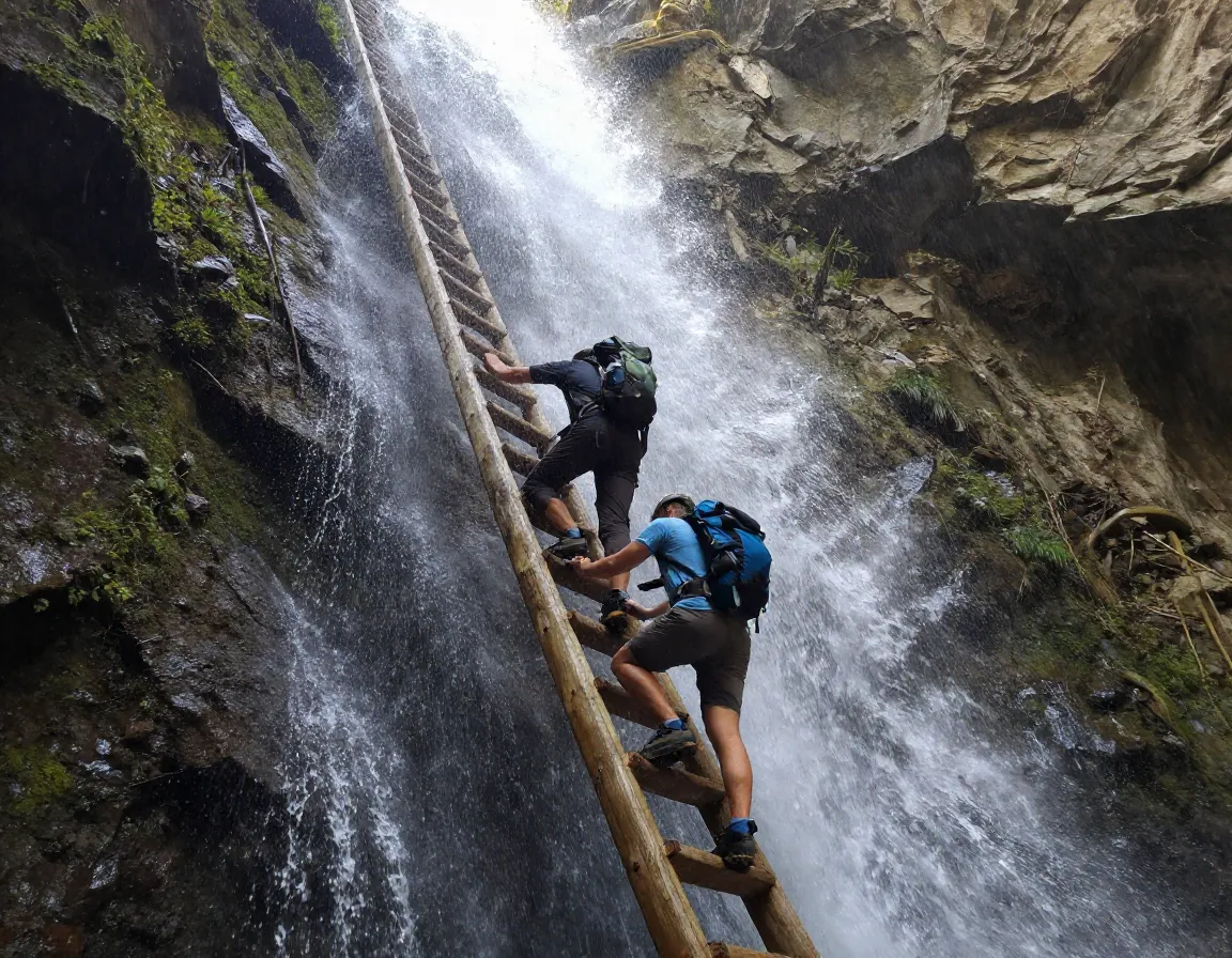 Hiker climbs a wooden ladder beside a waterfall in kanarra falls slot canyon