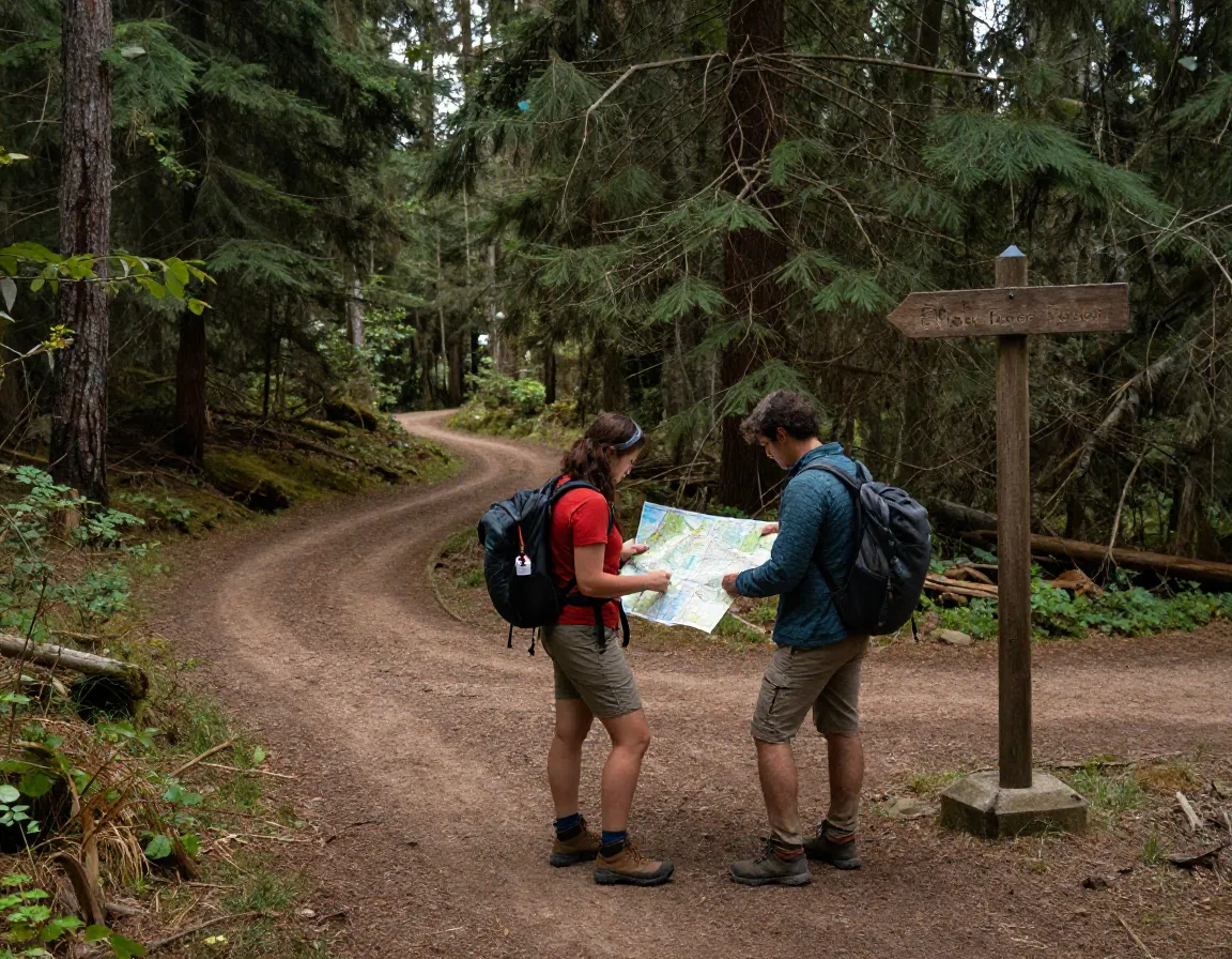 Navigate a loop trail together to build teamwork couple studying map at forest trail junction