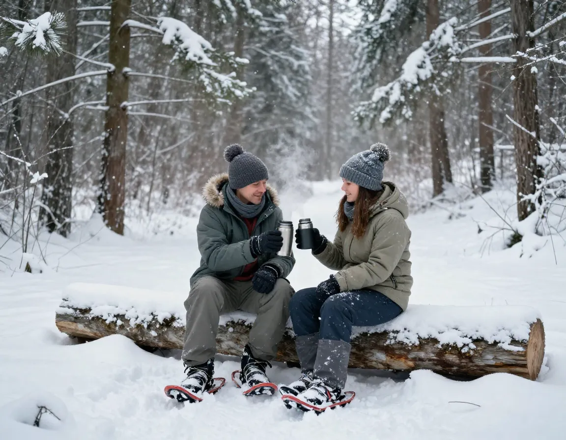 Go snowshoeing for a cozy winter date couple sharing thermos after snowshoe hike in woods