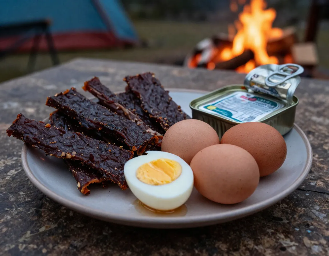 Jerky and hard boiled eggs on plate at base camp table