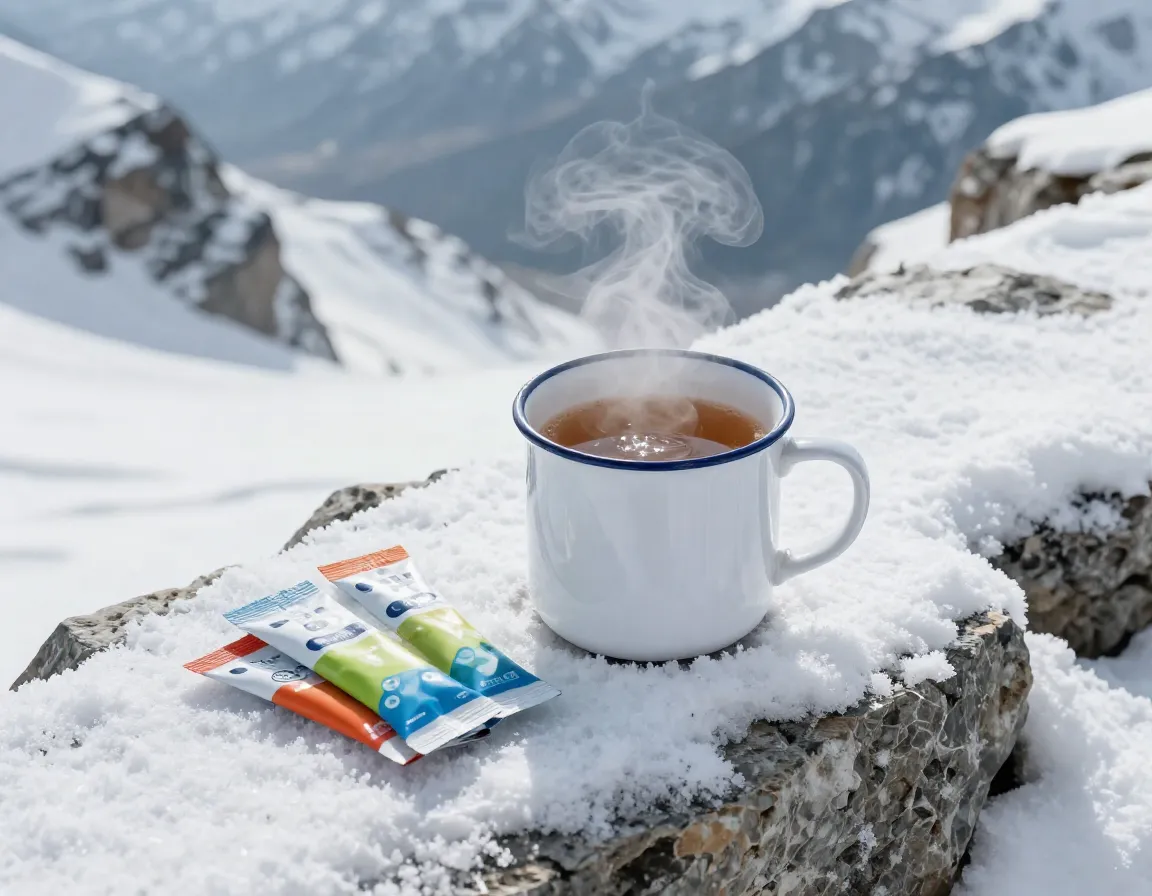 Hot broth in mug with electrolyte packets on snowy ledge