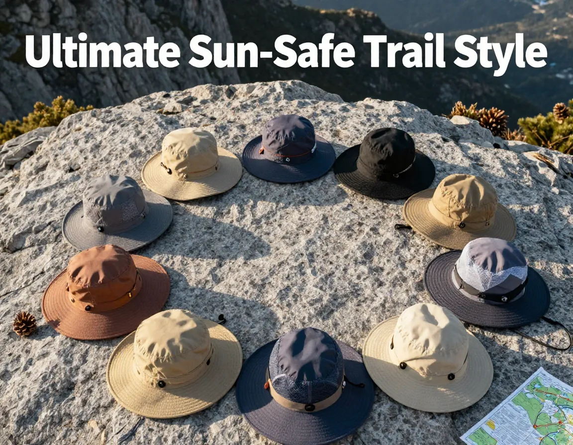 Nine womens hiking hats sun protection wide brim flat lay granite