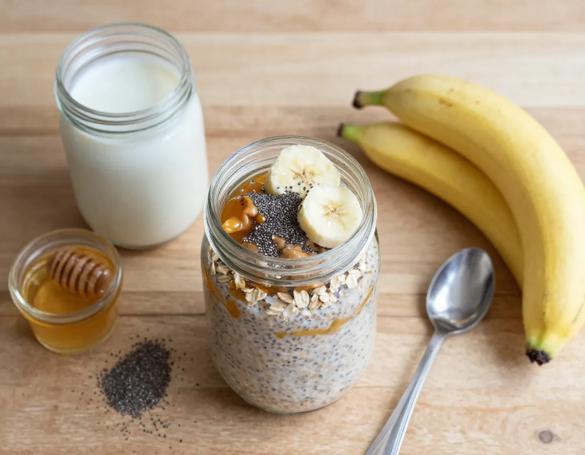 Overnight oats mason jar toppings wooden table kitchen prep