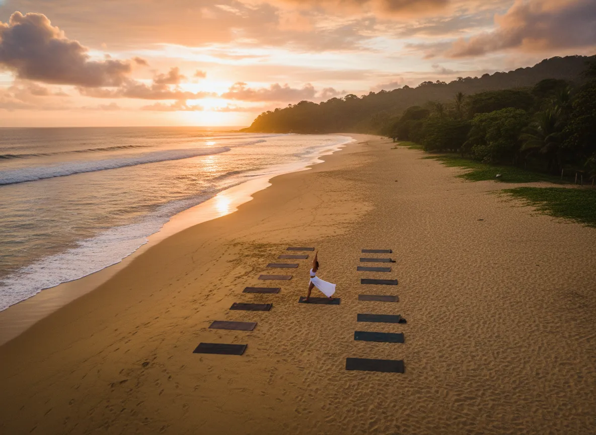 Sunrise beach yoga session solo traveler wellness nosara
