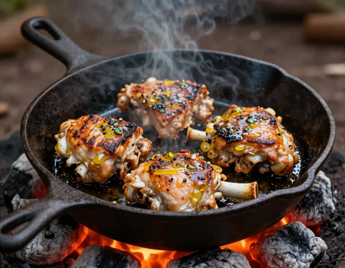 Marinated chicken thighs grilling campfire coals cast iron