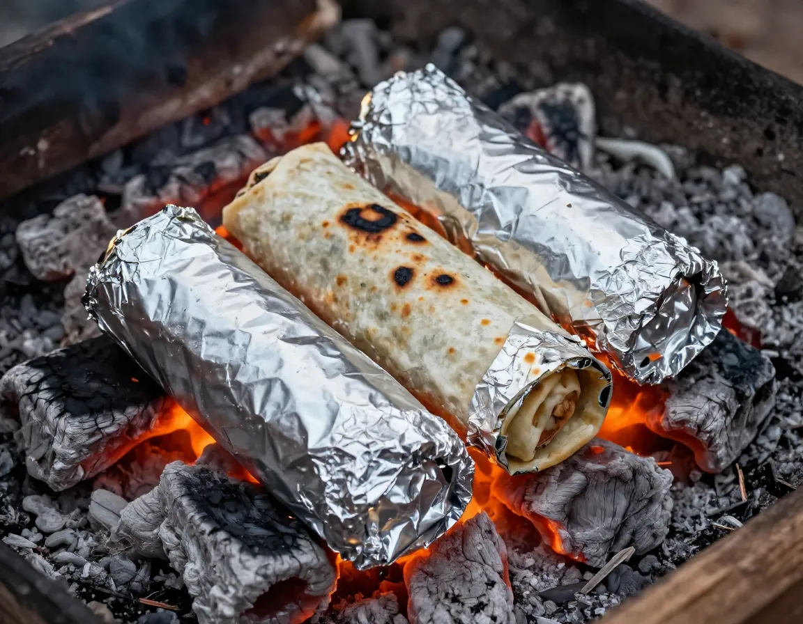 Foil wrapped breakfast burritos warming campfire embers