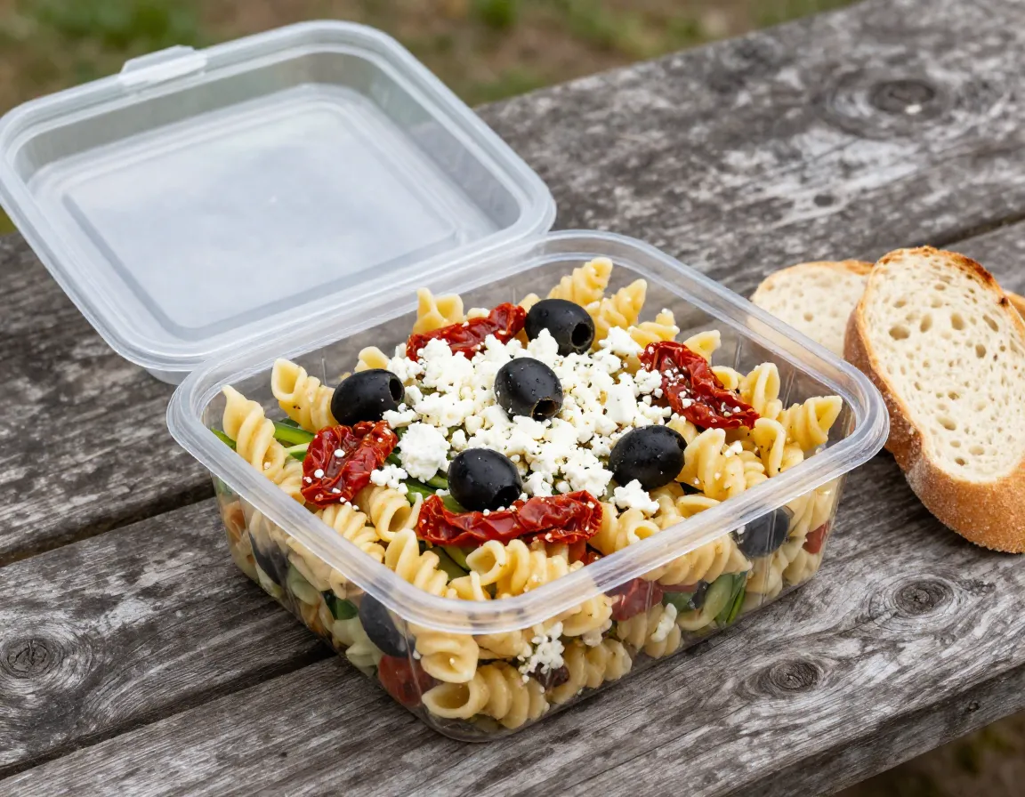 Pasta salad feta olives sealed container outdoors picnic