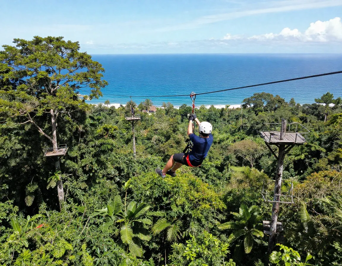 Zip lining rainforest canopy bird eye view pacific ocean