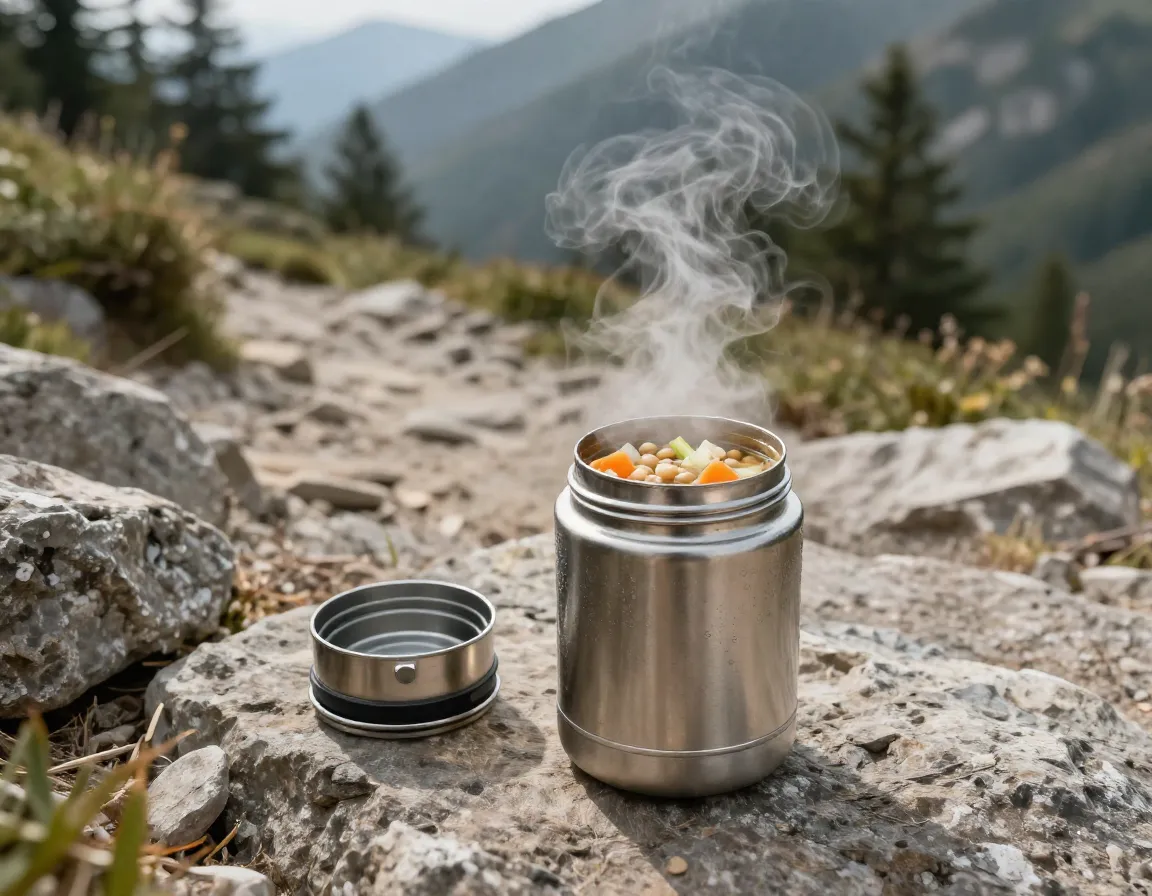 Thermos steaming lentil soup mountain trail background