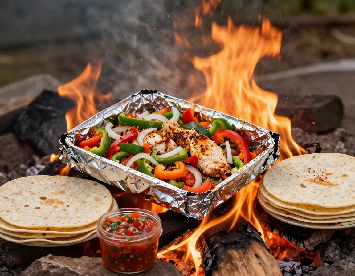 Foil packet fajitas cooking campfire flames tortillas