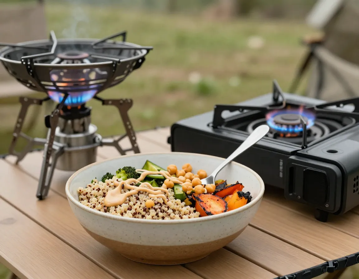 Grain bowl quinoa vegetables reheating camp stove