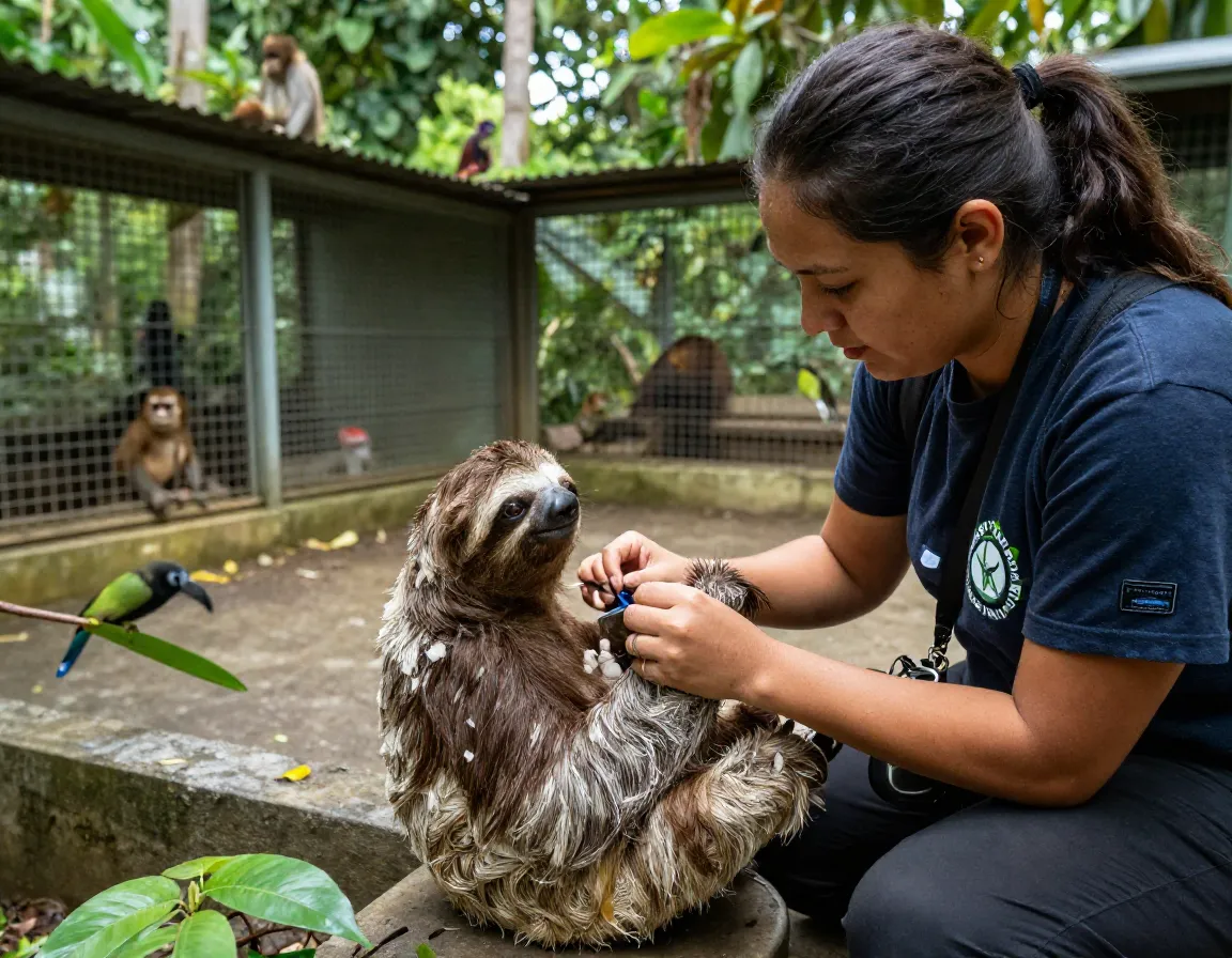 Wildlife rescue center volunteer caring for injured sloth