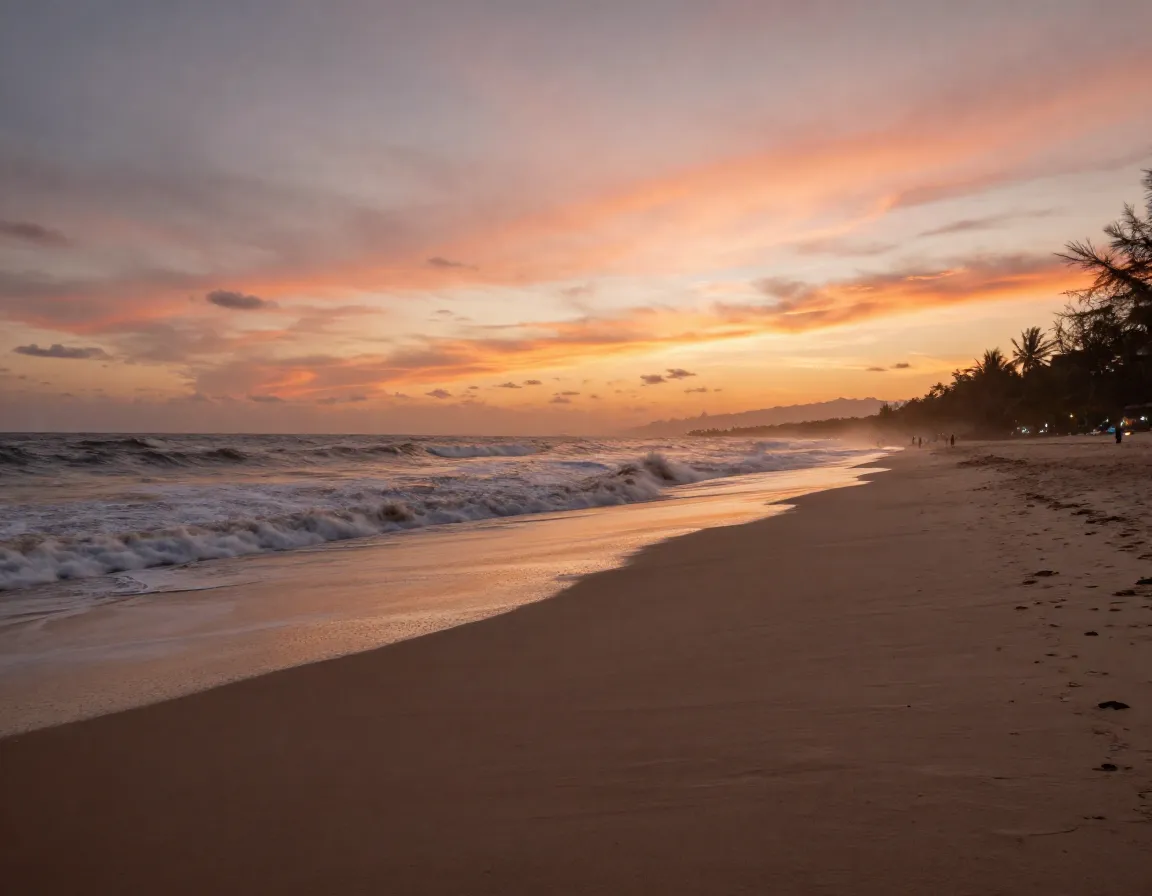 Sunset beach walk pristine shoreline waves wind protected