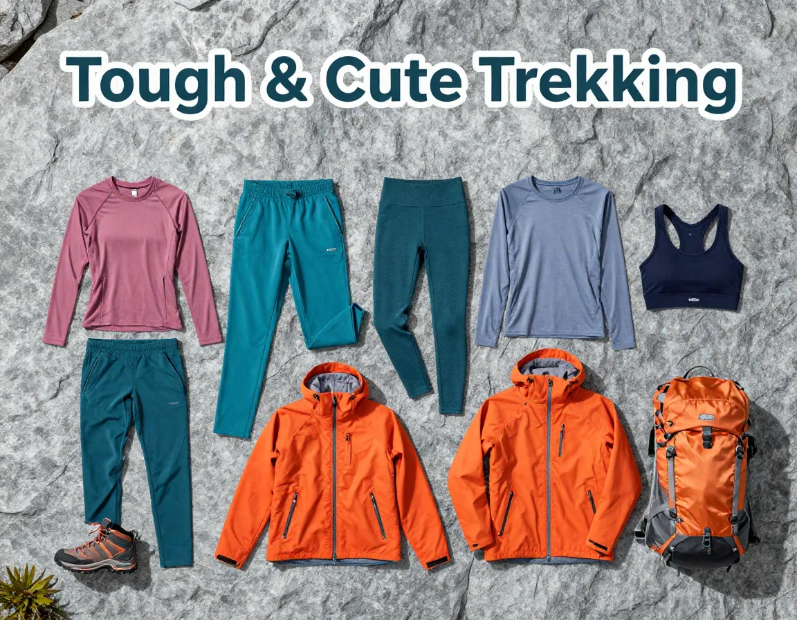 Aerial flat lay nine tough cute womens trekking gear items stone background