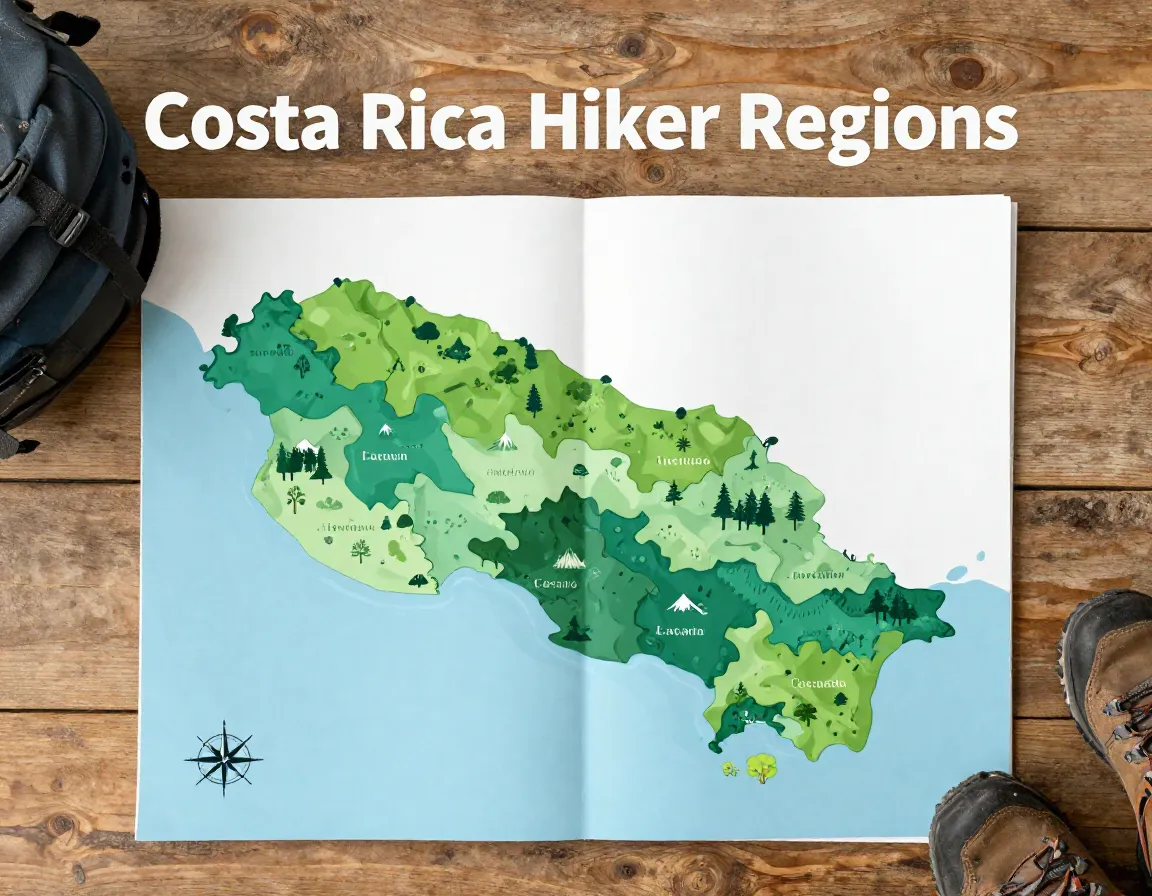 Costa rica topographic map nine regions hiking icons backpack gear