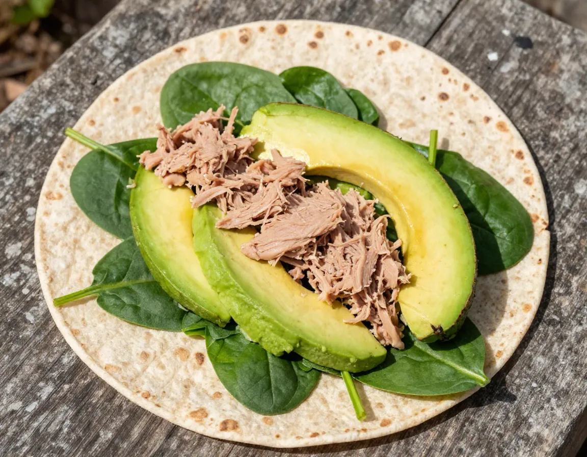 Avocado tuna wrap with spinach on whole wheat tortilla