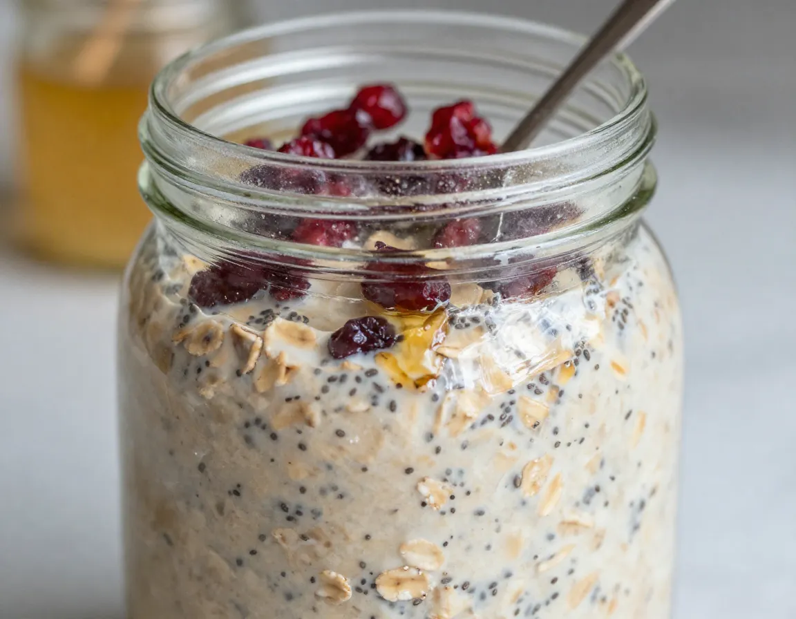 Overnight oats in jar with dried fruit and seeds