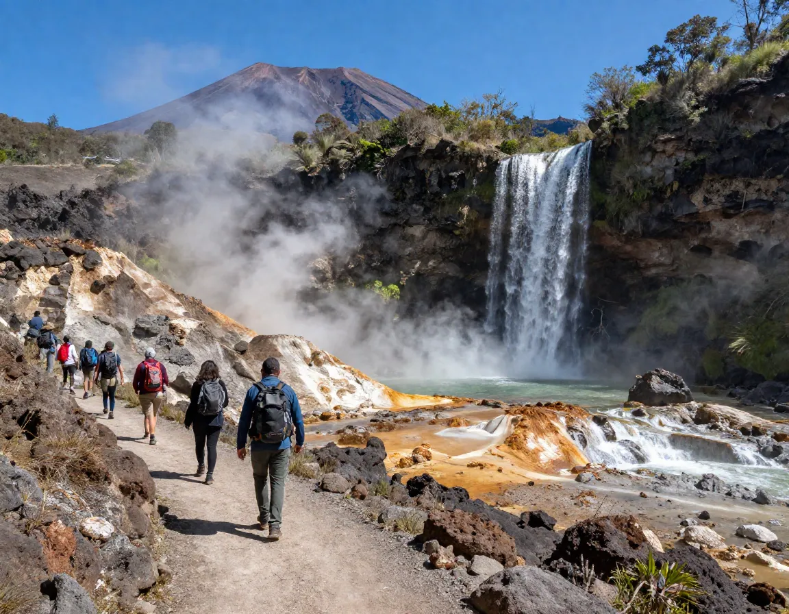 Rincon de la vieja national park geothermal landscape with la cangreja waterfall