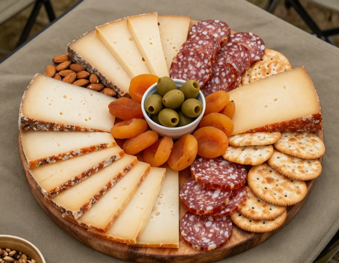 Camping charcuterie board with cheese salami and crackers