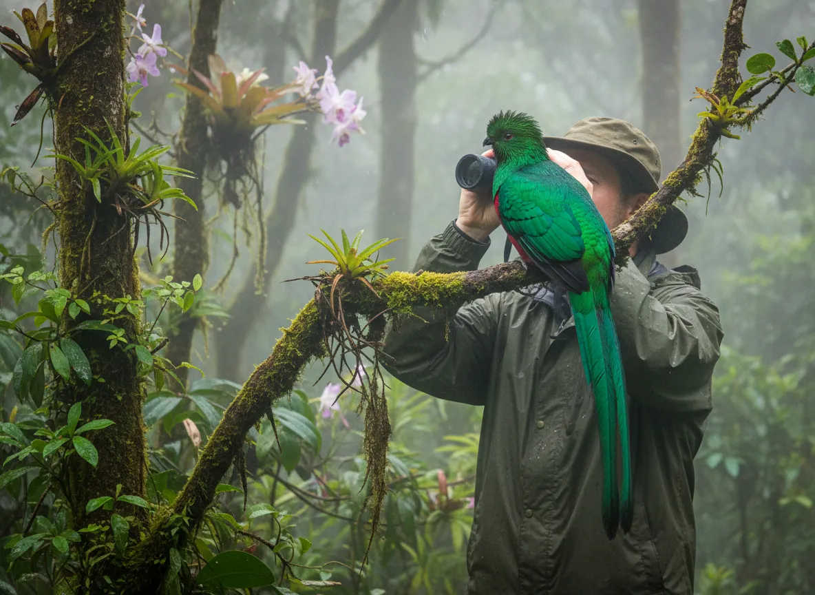 Monteverde cloud forest reserve birdwatcher observing resplendent quetzal in mist