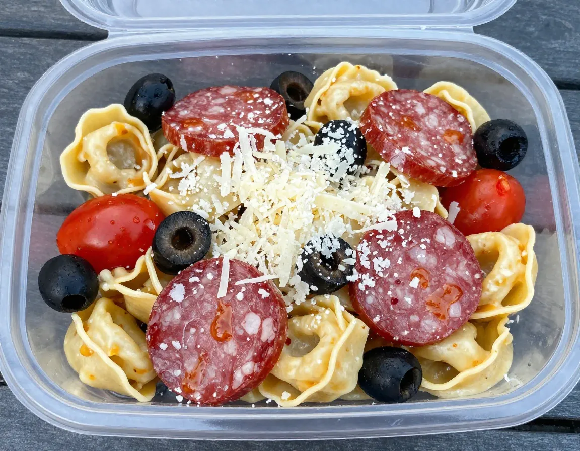 Make ahead pasta salad with salami olives and parmesan