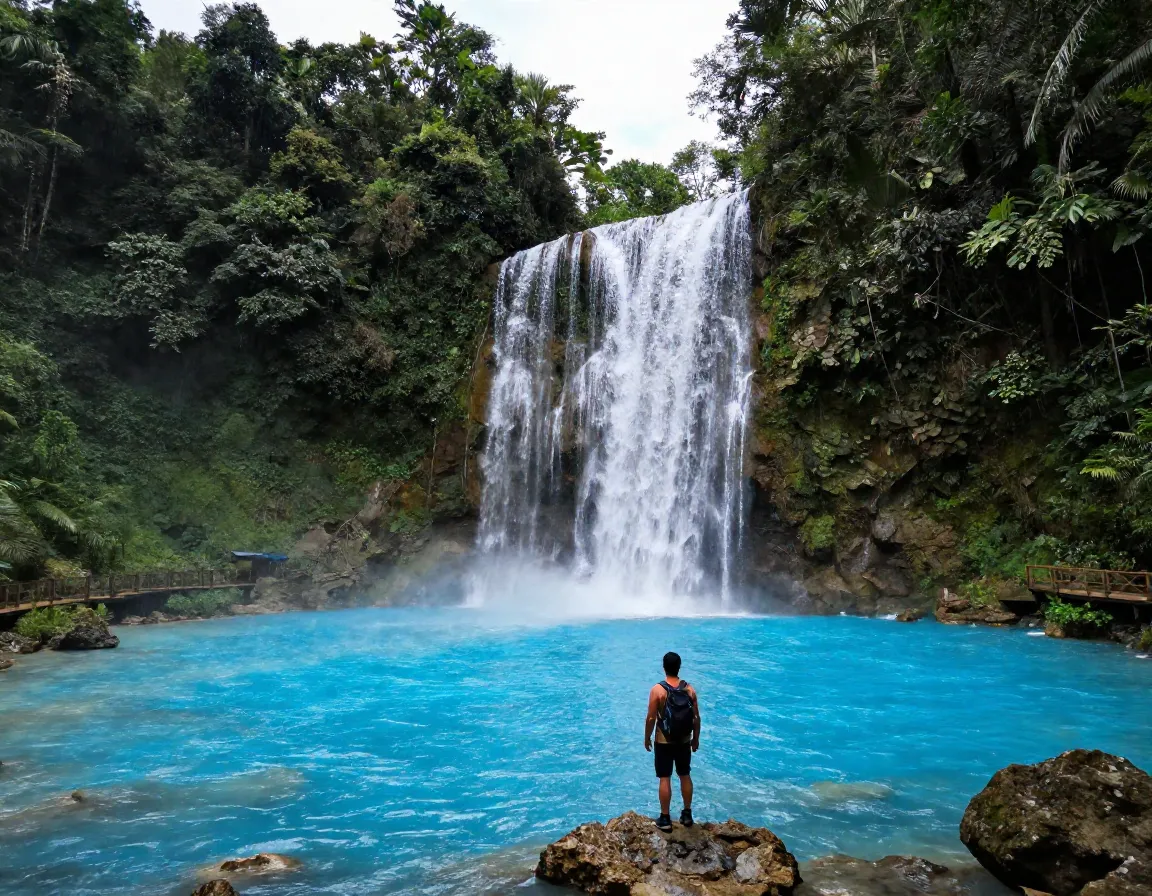 Tenorio volcano national park hiker at the electric blue rio celeste waterfall