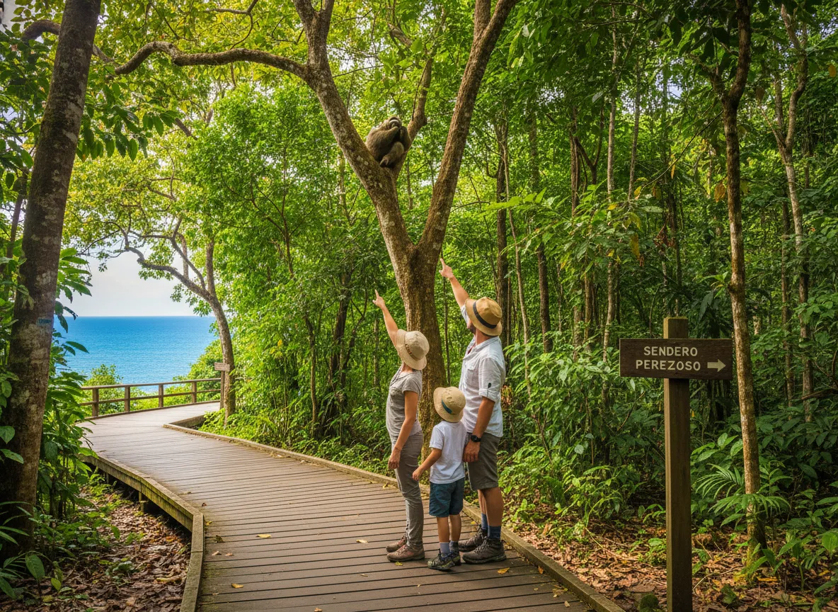 Manuel antonio national park family watching sloths on easy coastal trail