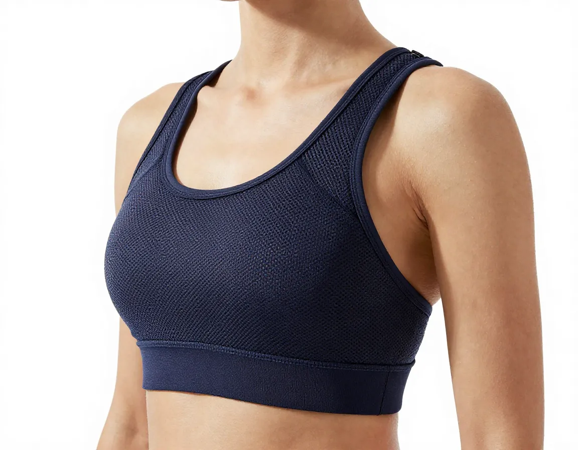 Supportive hiking sports bra moisture wicking mesh panels wide straps