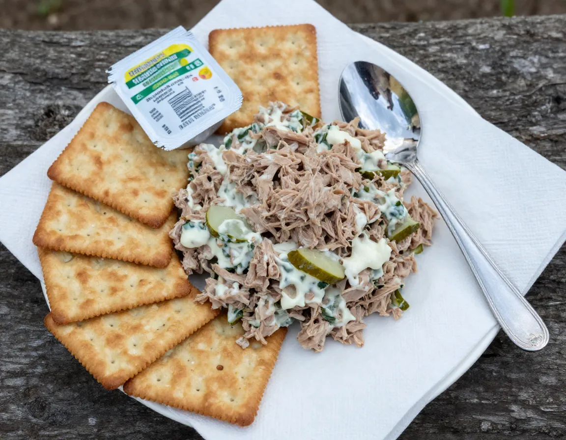 Tuna salad mixture with crackers on a napkin