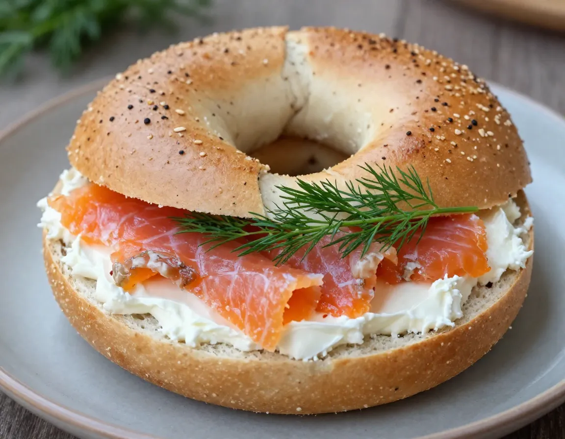 Bagel with cream cheese and smoked salmon lox