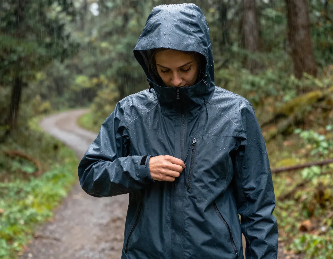 Waterproof rain jacket taped seams pit zips packable hood
