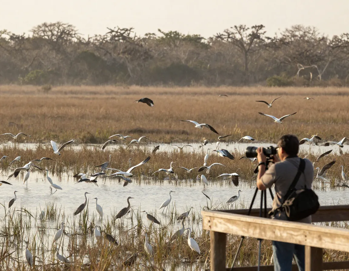 Palo verde national park birder observing flocks in vast central american wetland