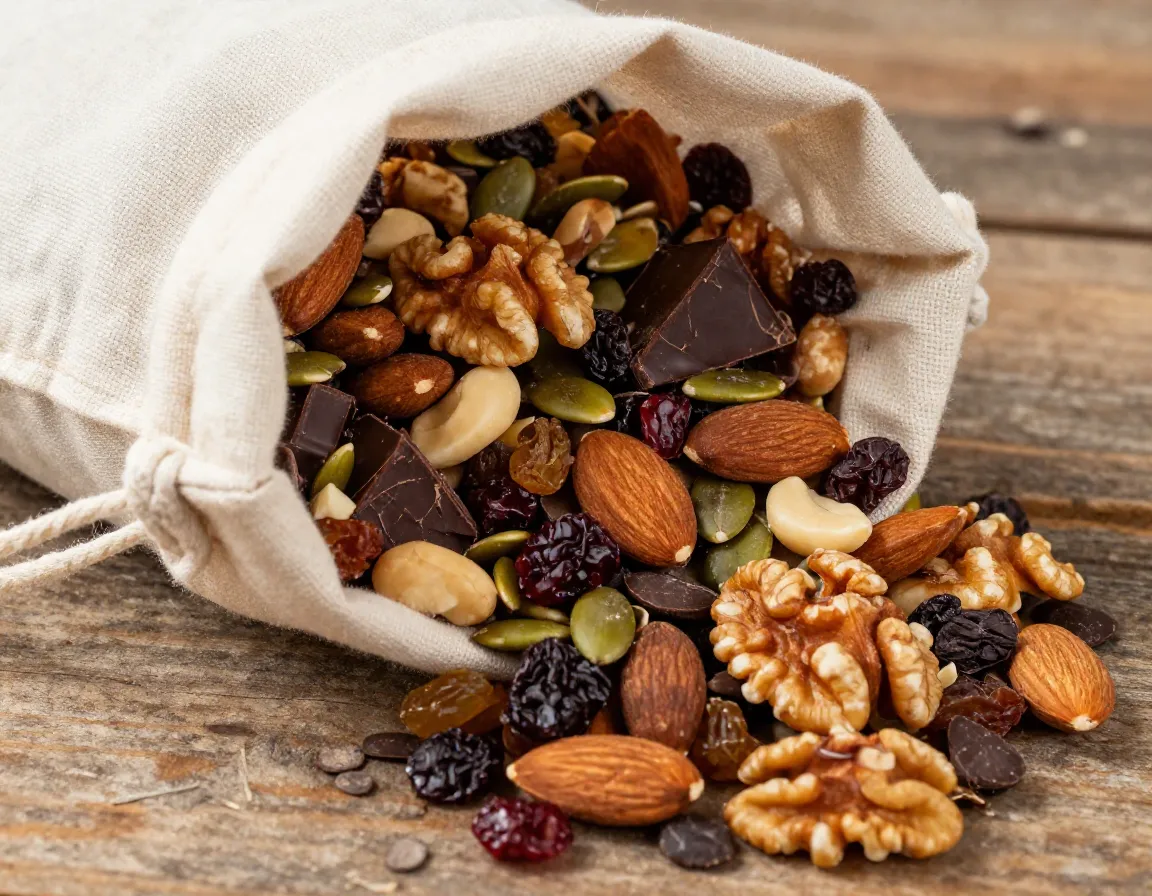 Trail mix with nuts dried fruit and dark chocolate