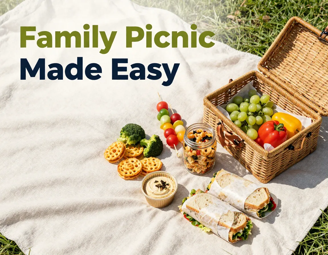 Vibrant picnic spread basket blanket sunlight simple family foods