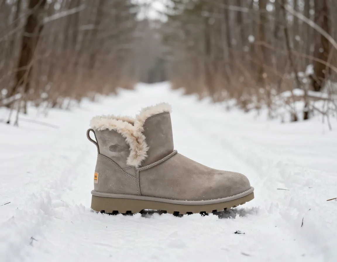 Ugg adirondack iii boot on light winter trail snow path
