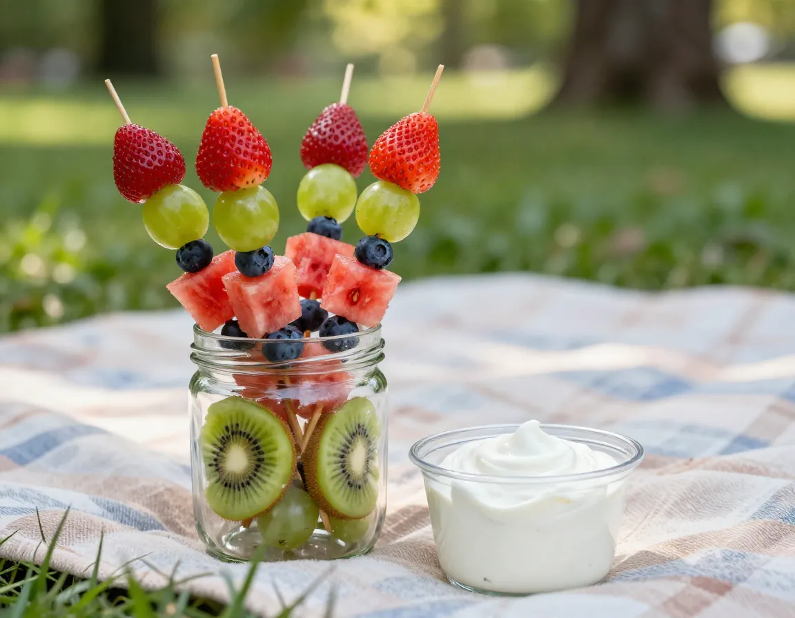 Colorful fruit skewers yogurt dip in park
