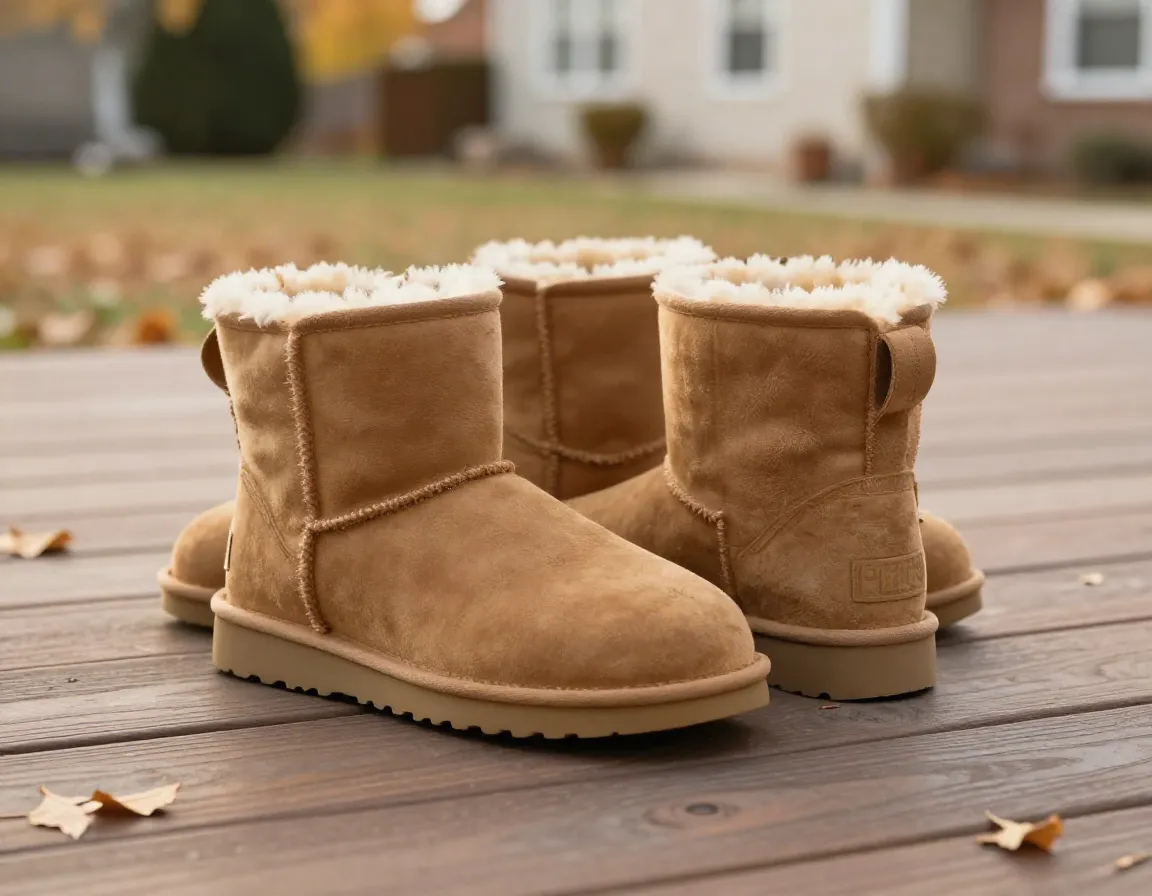 Ugg classic short ii boot on flat dry wooden deck
