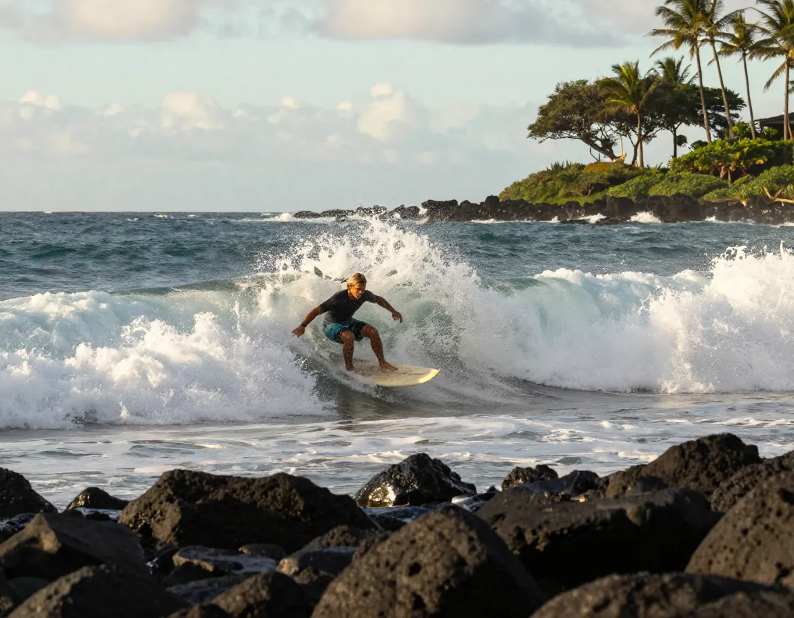Surfing long peeling wave at pine trees kohanaiki beach park